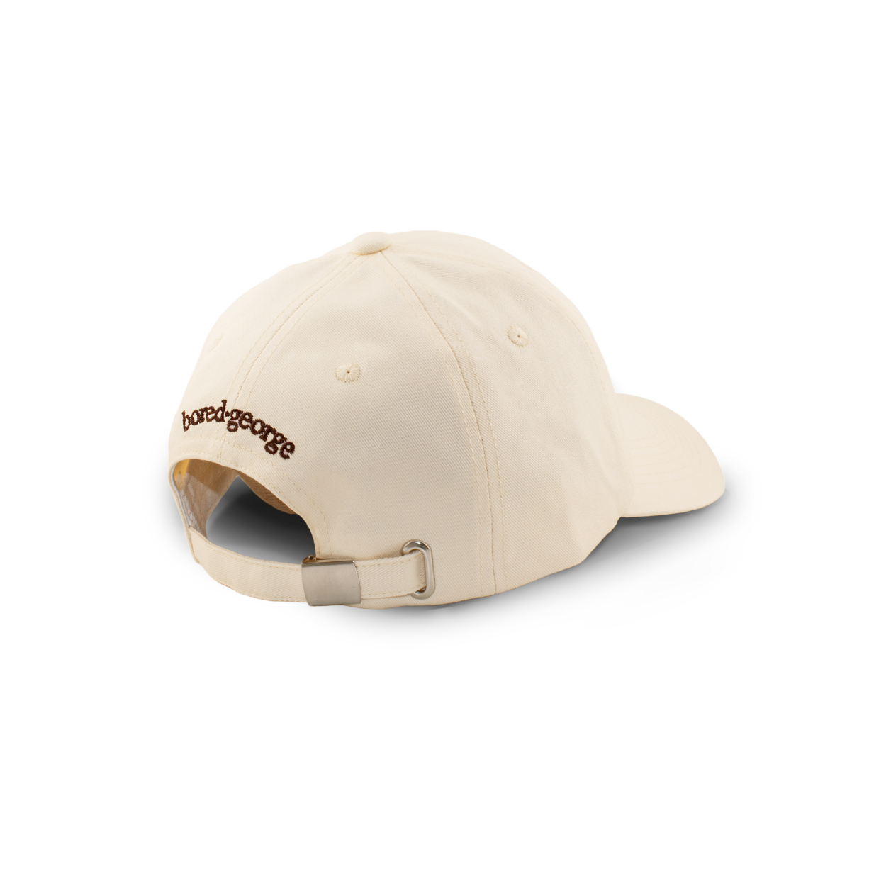 Back of beige baseball cap with Bored George logo
