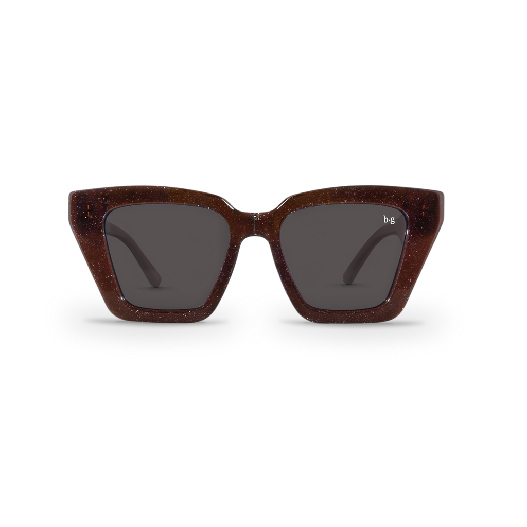 Front close-up of Bored George best-selling oversized square brown shimmer timeless polarised sunglasses - trendy designer sunnies for everyday wear
