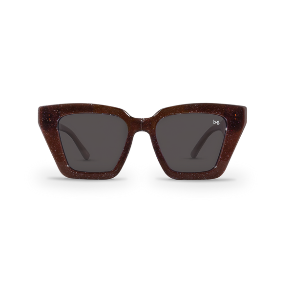 Front close-up of Bored George best-selling oversized square brown shimmer timeless polarised sunglasses - trendy designer sunnies for everyday wear
