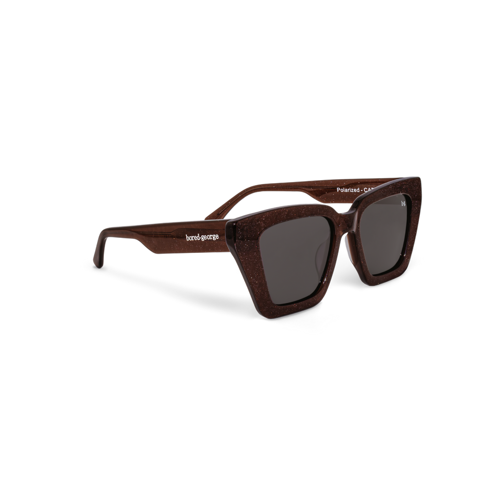 Right close-up of Bored George best-selling oversized square brown shimmer timeless polarised sunglasses - trendy designer sunnies for everyday wear