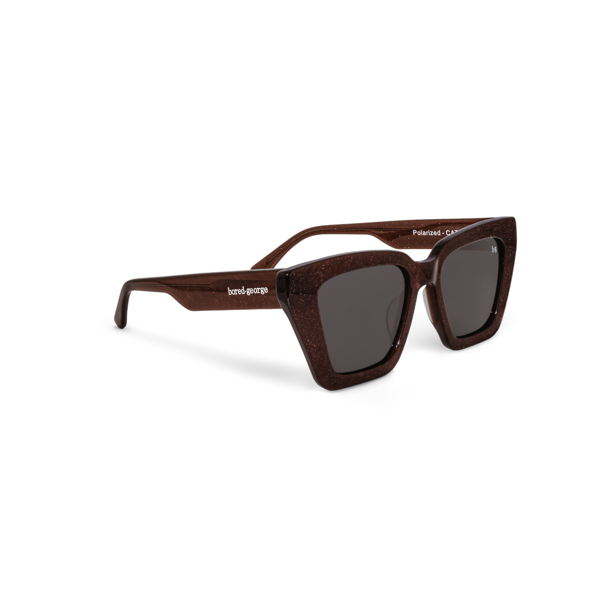 Right close-up of Bored George best-selling oversized square brown shimmer timeless polarised sunglasses - trendy designer sunnies for everyday wear
