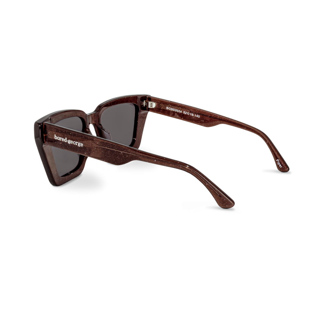 Left close-up of Bored George best-selling oversized square brown shimmer timeless polarised sunglasses - trendy designer sunnies for everyday wear