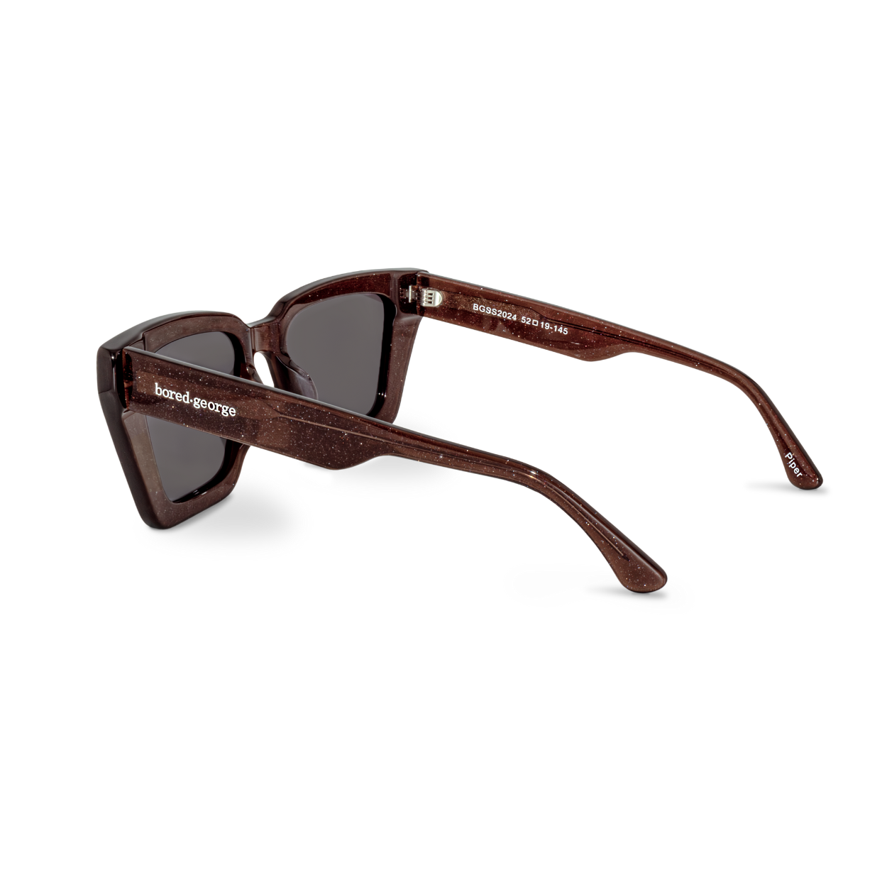 Left close-up of Bored George best-selling oversized square brown shimmer timeless polarised sunglasses - trendy designer sunnies for everyday wear