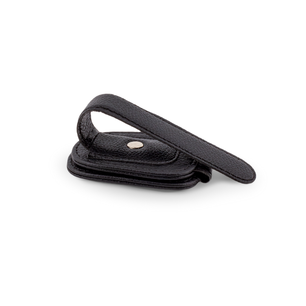 Back view of a black sunglasses car visor holder