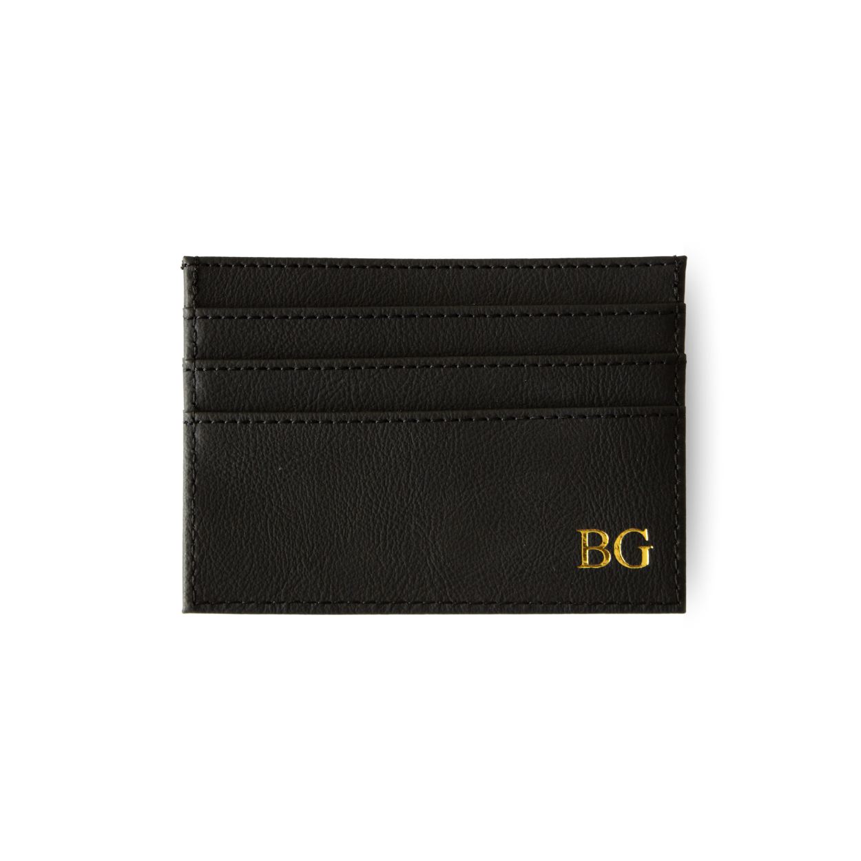 Black leather cardholder with gold embossed initials