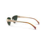 Left close-up of Bored George polarised cat eye Miu Miu style sunglasses with a lightweight gold metal frame and green lenses - collaboration with fashion designer Caitlin Crisp