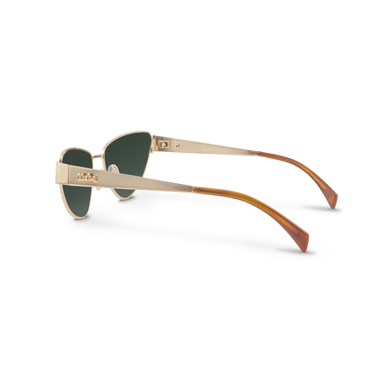 Left close-up of Bored George polarised cat eye Miu Miu style sunglasses with a lightweight gold metal frame and green lenses - collaboration with fashion designer Caitlin Crisp