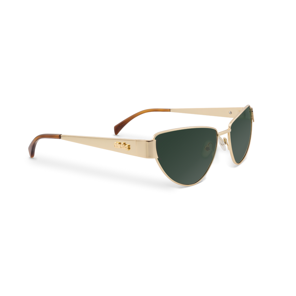 Right close-up of Bored George polarised cat eye Miu Miu style sunglasses with a lightweight gold metal frame and green lenses - collaboration with fashion designer Caitlin Crisp