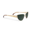 Right close-up of Bored George polarised cat eye Miu Miu style sunglasses with a lightweight gold metal frame and green lenses - collaboration with fashion designer Caitlin Crisp