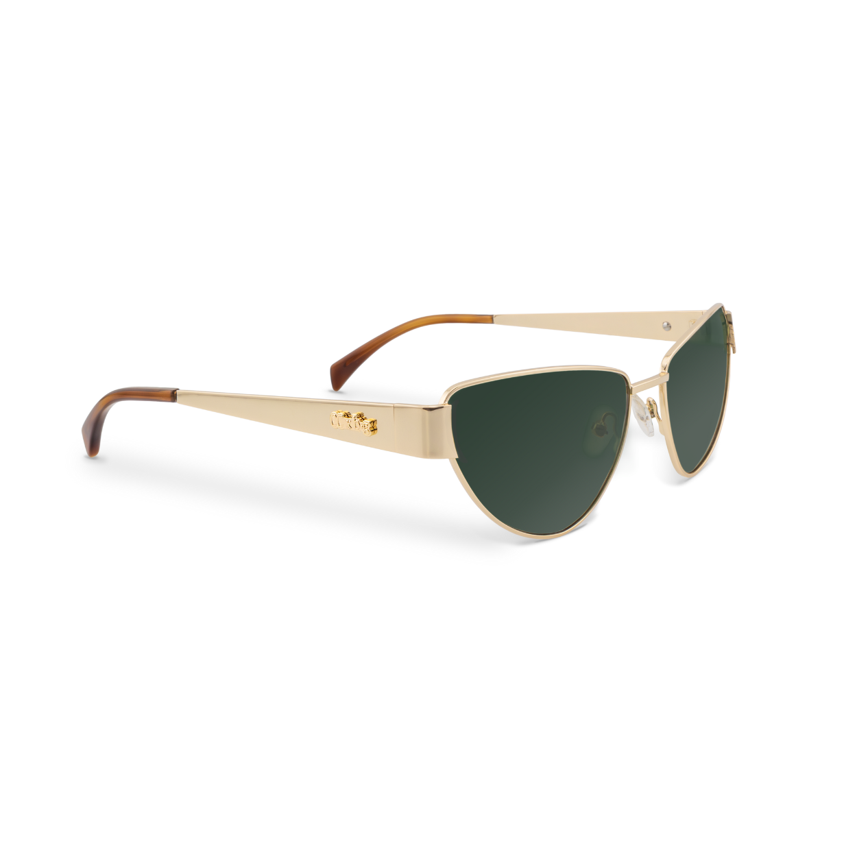 Right close-up of Bored George polarised cat eye Miu Miu style sunglasses with a lightweight gold metal frame and green lenses - collaboration with fashion designer Caitlin Crisp