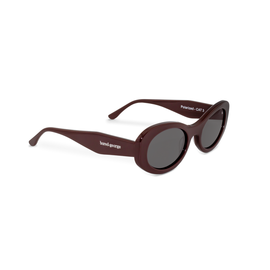 Right close-up of Bored George polarised merlot oval sunglasses for women – 90s inspired fashion eyewear
