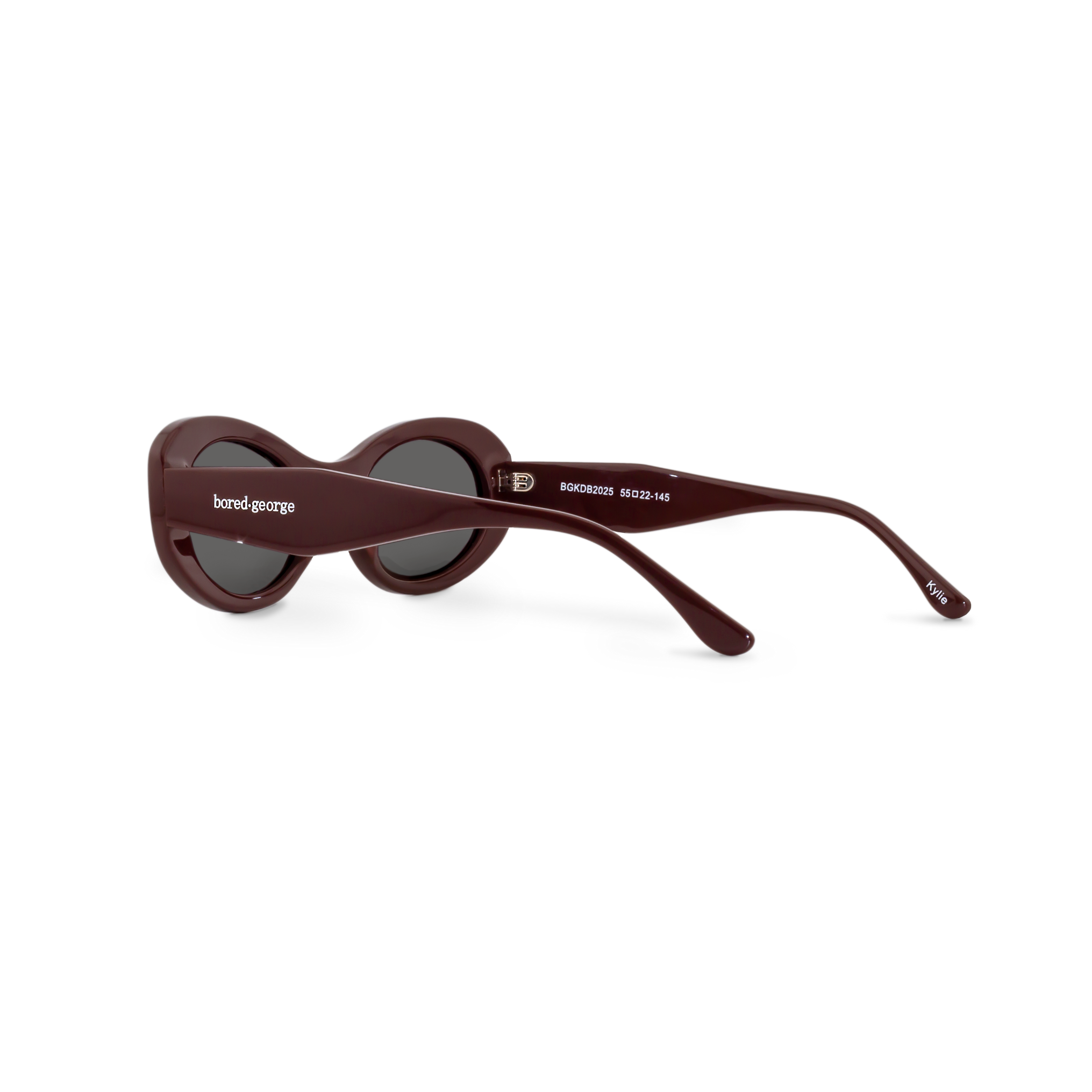 Left close-up of Bored George polarised merlot oval sunglasses for women – 90s inspired fashion eyewear
