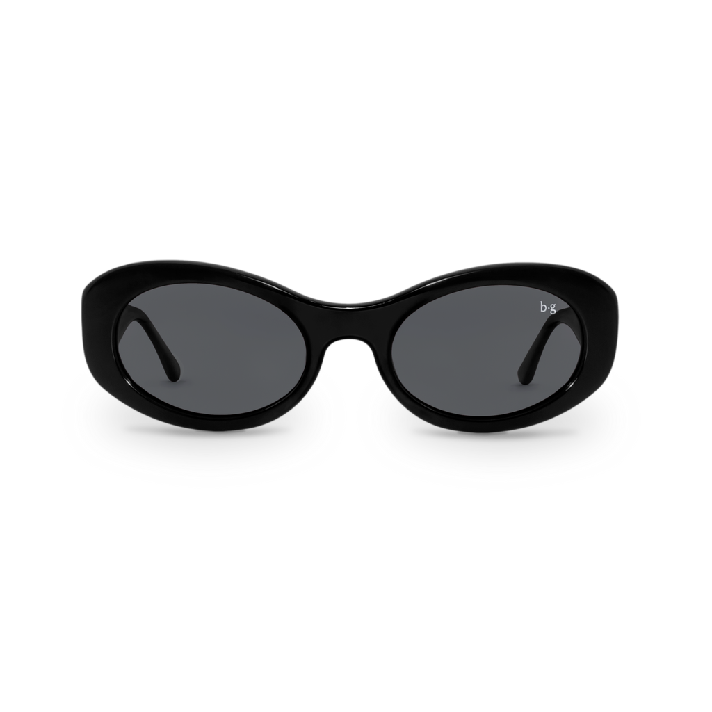 Front close-up of Bored George polarised black oval sunglasses for women – 90s inspired fashion eyewear 