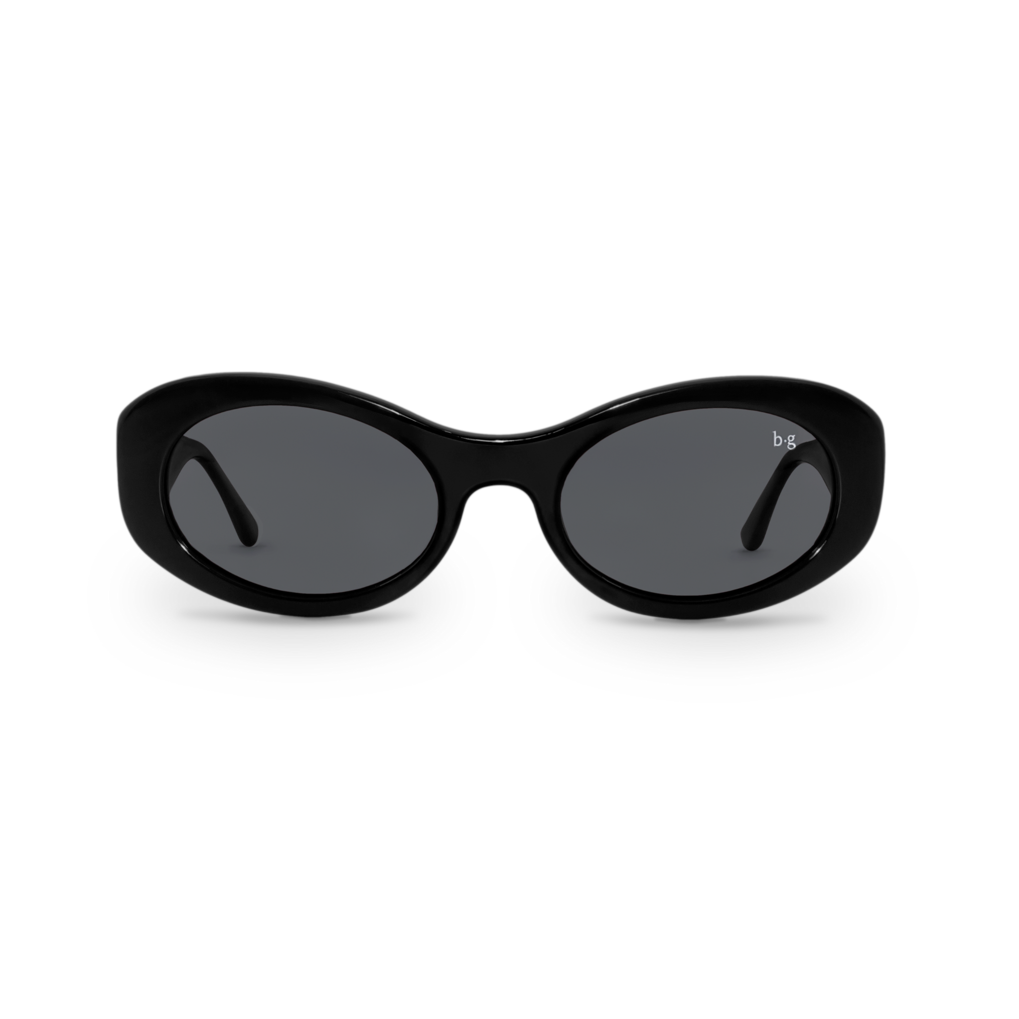 Front close-up of Bored George polarised black oval sunglasses for women – 90s inspired fashion eyewear 