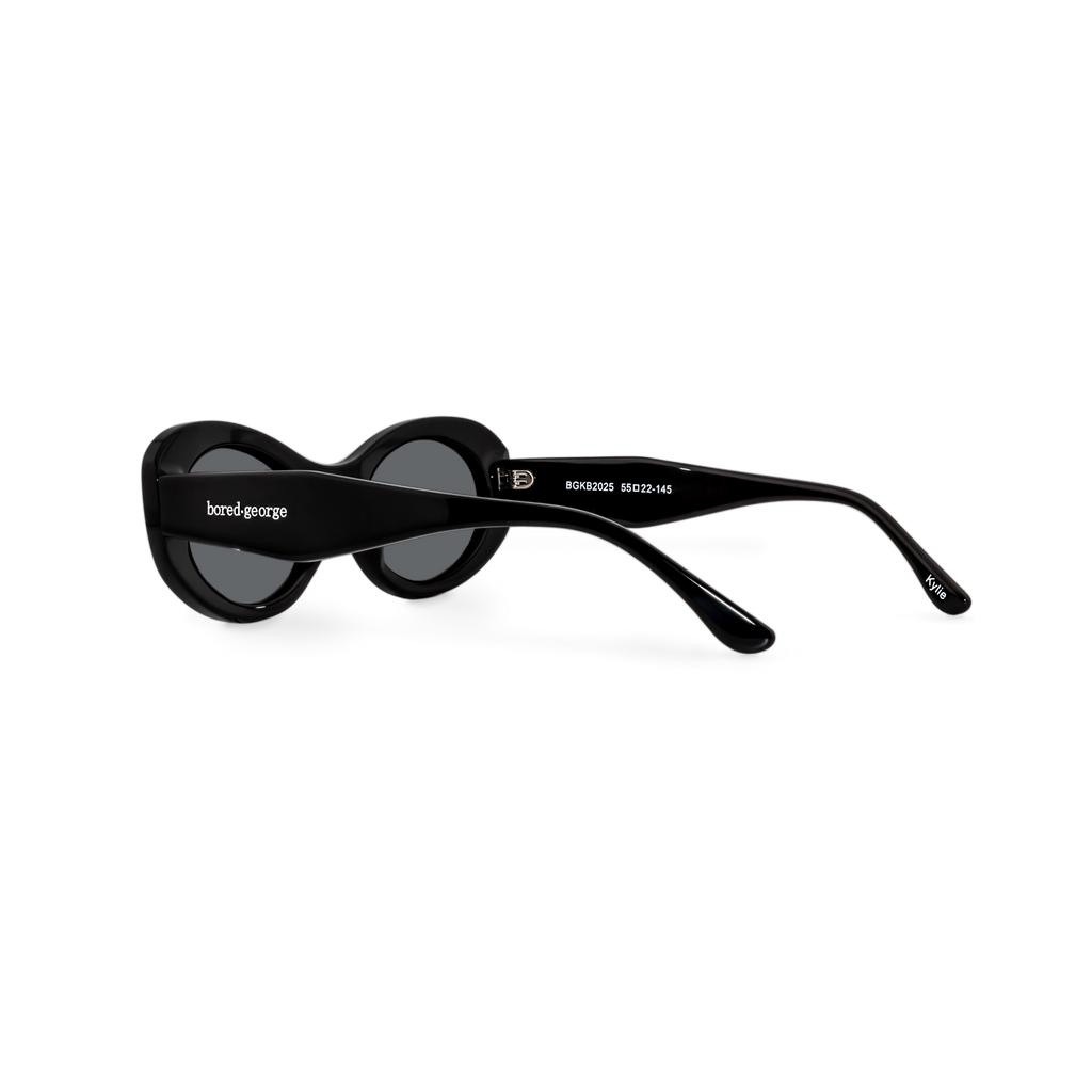 Left side close-up of Bored George polarised black oval sunglasses for women – 90s inspired fashion eyewear 