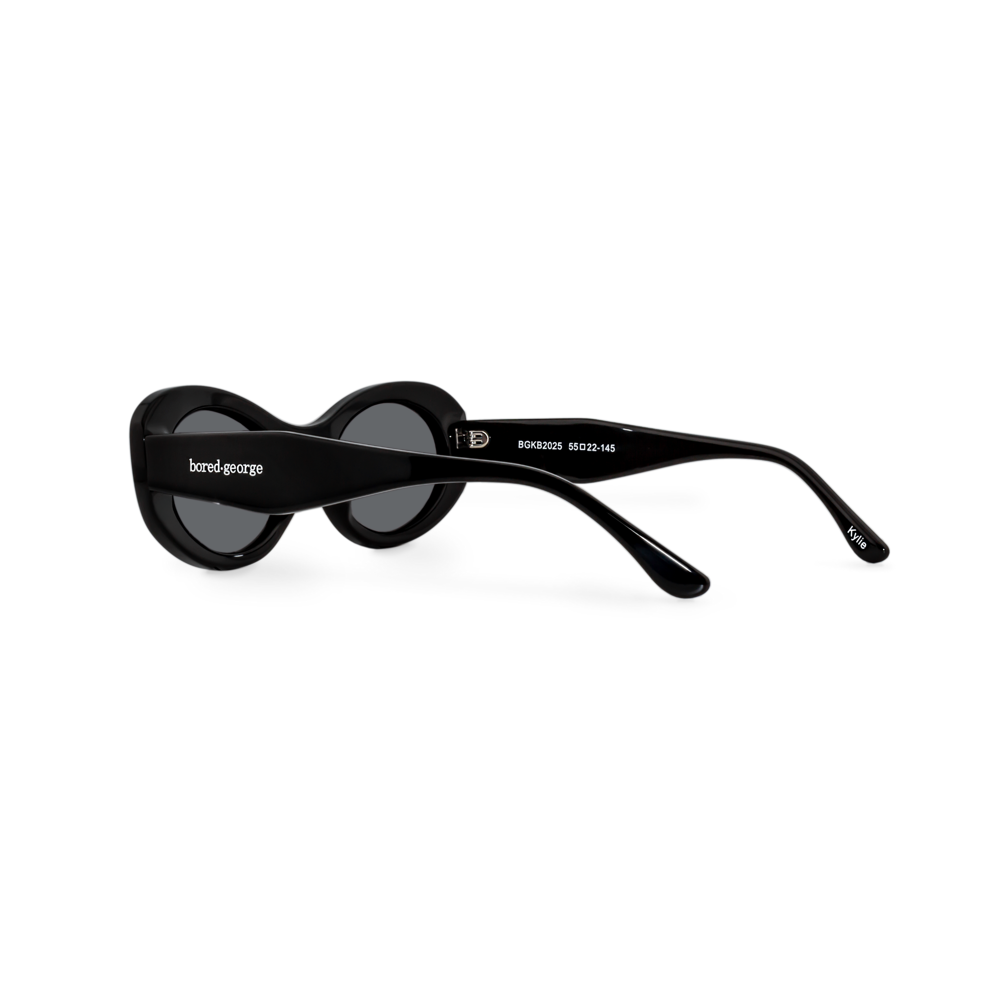 Left side close-up of Bored George polarised black oval sunglasses for women – 90s inspired fashion eyewear 