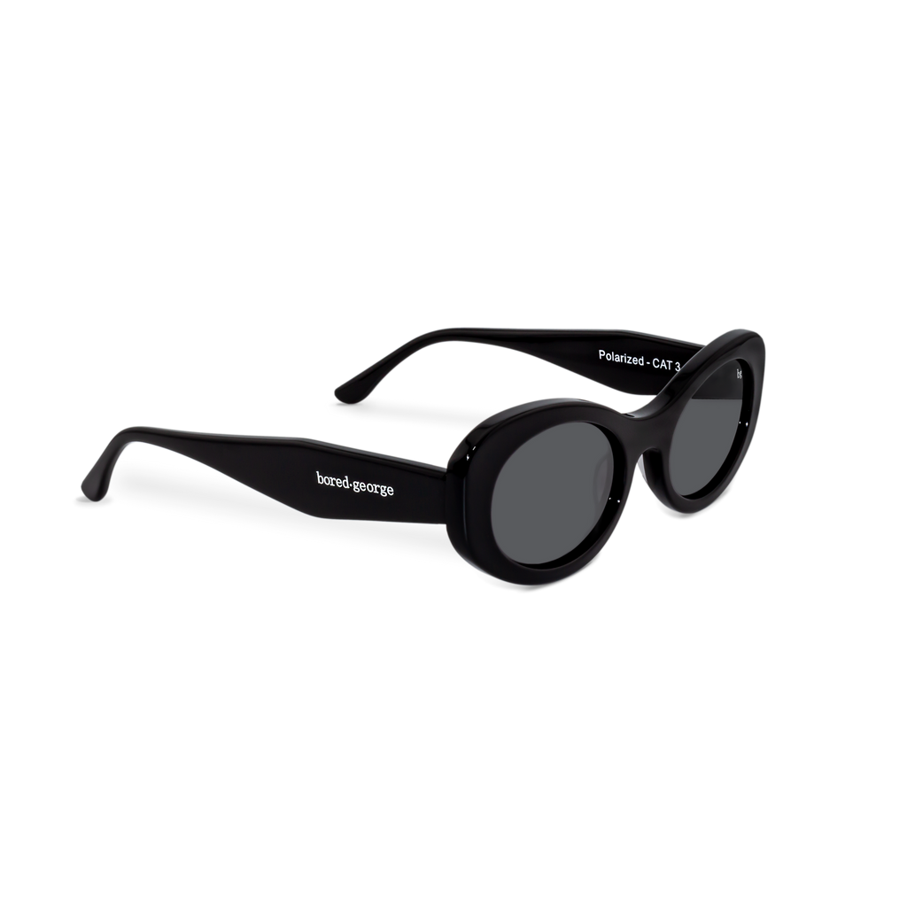 Right side close-up of Bored George polarised black oval sunglasses for women – 90s inspired fashion eyewear 