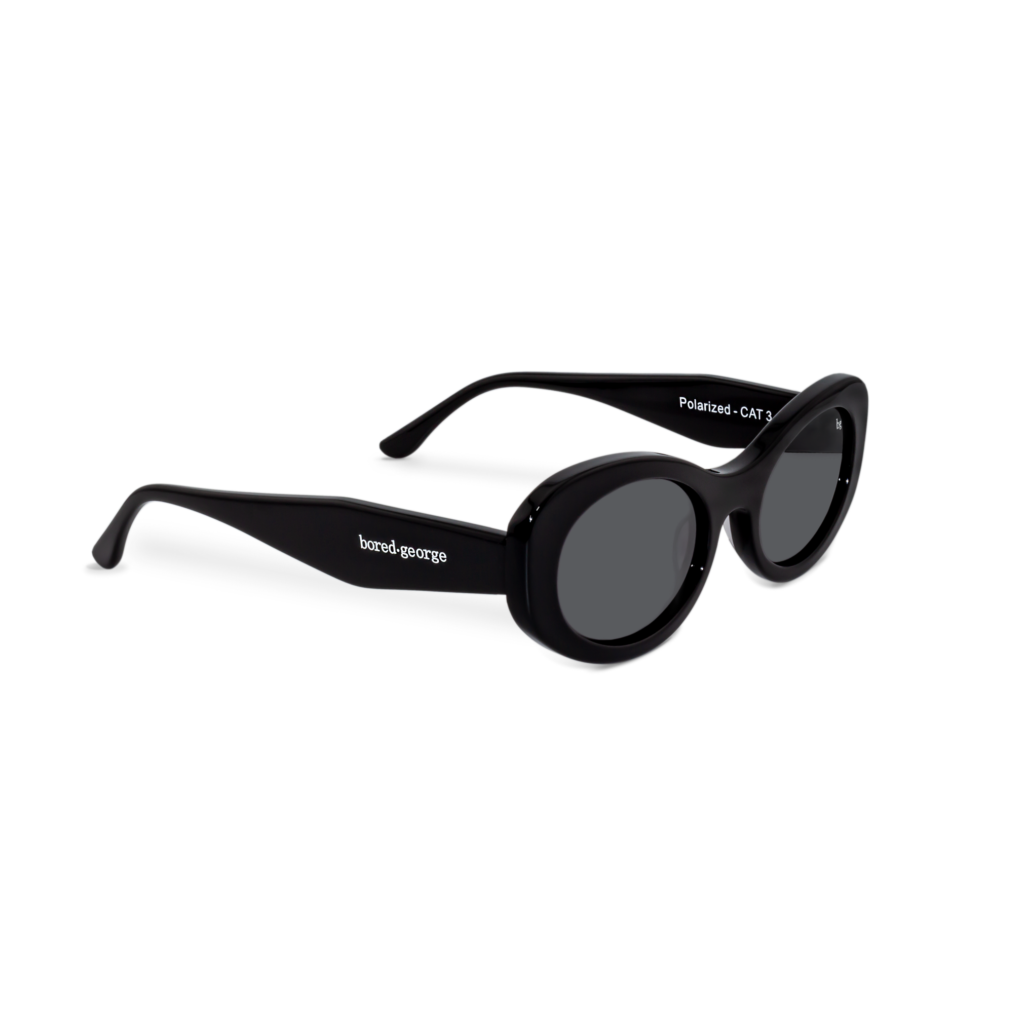 Right side close-up of Bored George polarised black oval sunglasses for women – 90s inspired fashion eyewear 