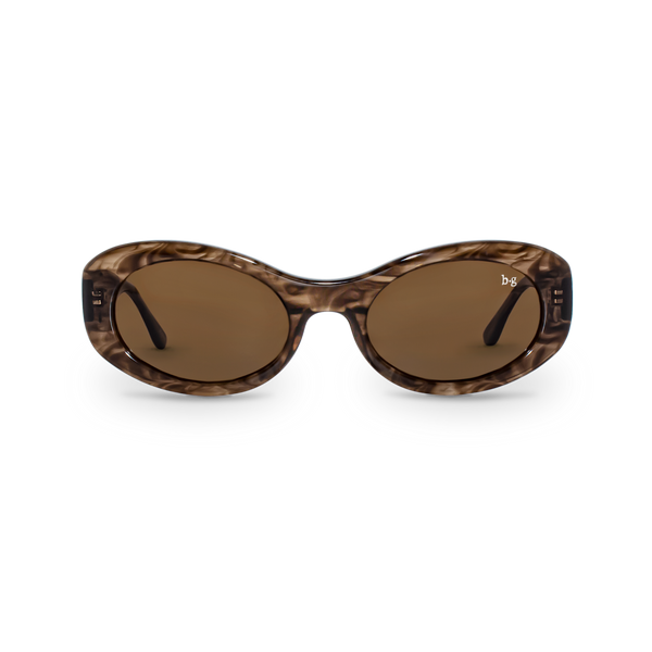 Front close-up of Bored George polarised espresso oval sunglasses for women – 90s inspired fashion eyewear