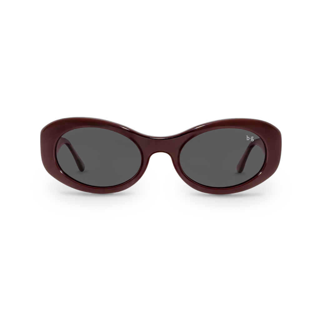 Front close-up of Bored George polarised merlot oval sunglasses for women – 90s inspired fashion eyewear