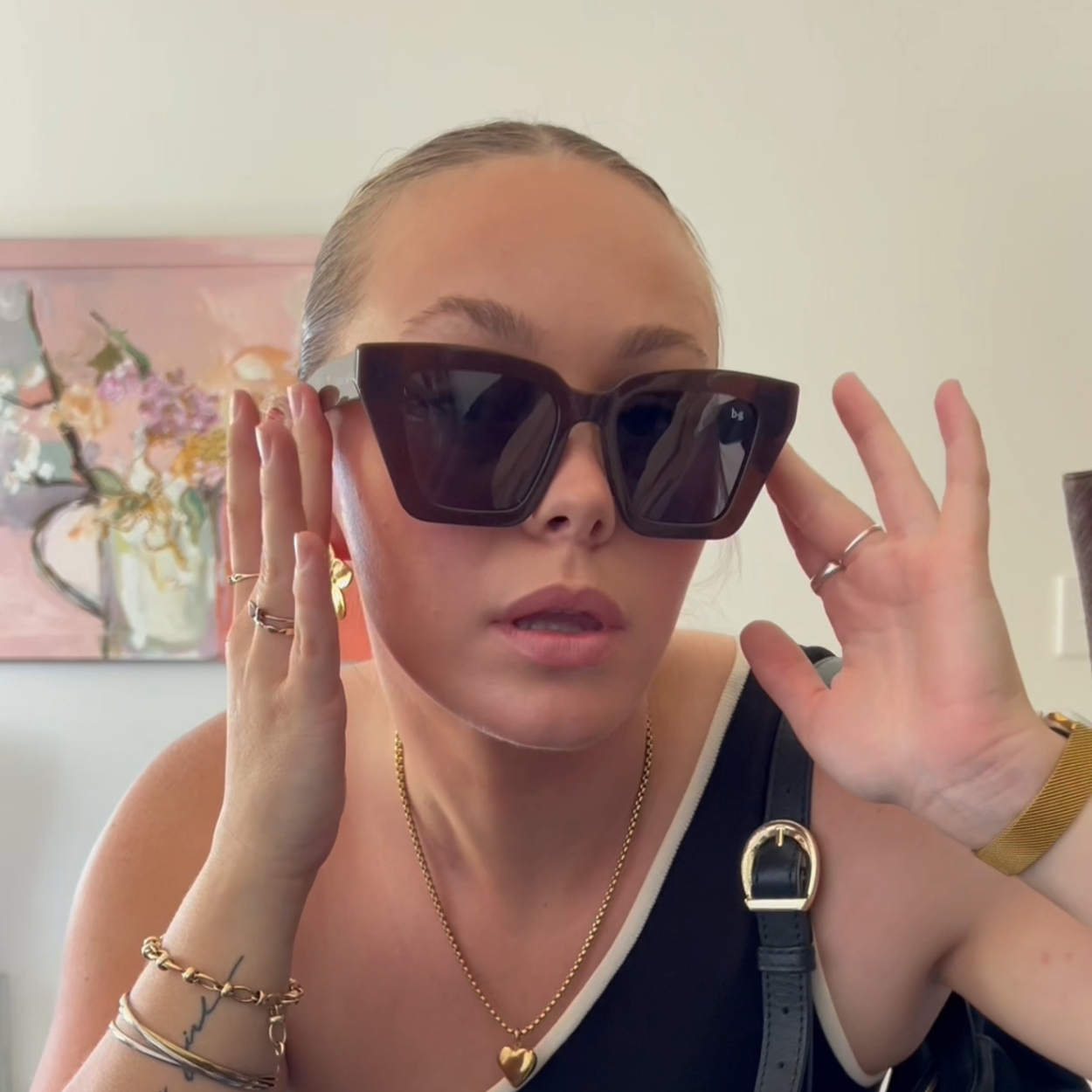 Woman in brown shimmer oversized polarised Bored George sunglasses - street wear fashion inspiration